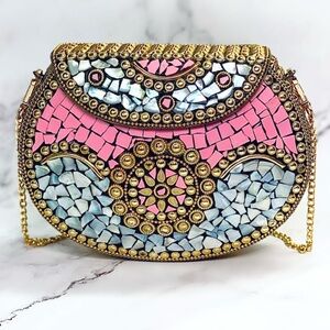 Ramla Beverly Hills Pink & Gold Mosaic Clutch Crossbody Bag Handmade in Morocco